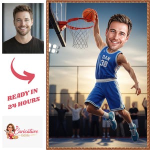 May include: Caricature of a man in a blue basketball uniform, mid-dunk, with a basketball. The jersey reads "DAN 38". A headshot of the man is in the upper left. Text reads "READY IN 24 HOURS".