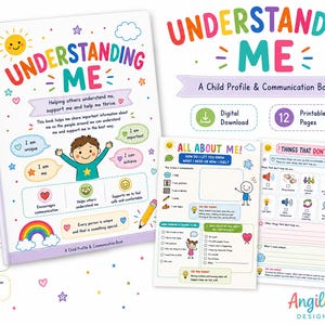 Puede incluir: Un libro de perfil y comunicación infantil en descarga digital titulado Understanding Me, con ilustraciones coloridas de un niño, un arcoíris y un sol. El conjunto incluye 12 páginas imprimibles con secciones para facilitar la comunicación.