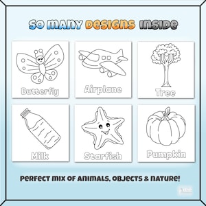 Può includere: Sei disegni a tratto in bianco e nero di una farfalla, un aereo, un albero, una bottiglia di latte, una stella marina e una zucca. Il testo in alto recita "SO MANY DESIGNS INSIDE" e in basso "PERFECT MIX OF ANIMALS, OBJECTS & NATURE!"