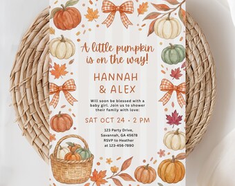 Pumpkin Baby Shower Invitation, Fall Baby Shower Invite, Little Pumpkin, Harvest Baby, Autumn Invite, Boho Fall Invite, (Editable Template)