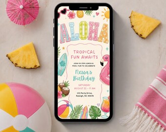 Luau Birthday Invitation, Text Message Invite, Aloha Birthday, Pool Party Invite, Summer Bash, Hawaiian Party, (Editable Template)