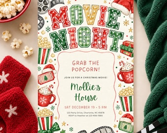 Christmas Movie Night Invitation, Kids Holiday Invite, Friendsmas Invite, Movie Night Invite, Hot Cocoa Party, (Editable Template)