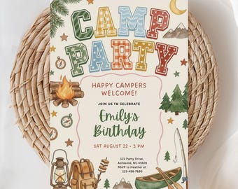 Camp Birthday Invitation, Glamping Party, Girl Slumber Party, 10th Birthday Invite, Tween Birthday, Camp Party Invite, (Editable Template)