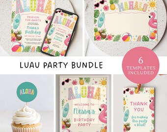 Luau Birthday Invitation & Party Decor Bundle, Aloha Birthday, BBQ Invitation, Pool Party Invite, Hawaiian Party, (Editable Template)