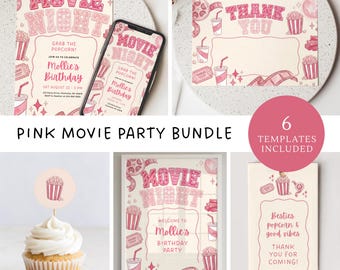 Pink Movie Party Invitation & Party Decor Bundle, Movie Birthday Invite, Movie Party Invite, Tween Birthday Bundle, (Editable Template)