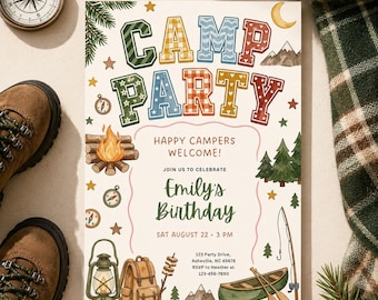 Camp Birthday Invitation, Glamping Party, Girl Slumber Party, 10th Birthday Invite, Tween Birthday, Camp Party Invite, (Editable Template)