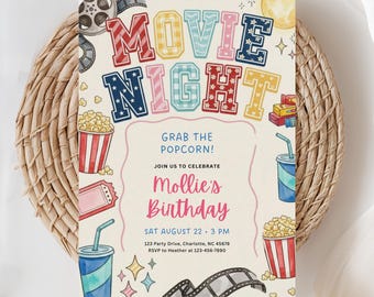 Girls Movie Night Invitation, Movie Birthday Invite, Backyard Movie Night, Movie Party Invite, Tween Birthday, (Editable Template)