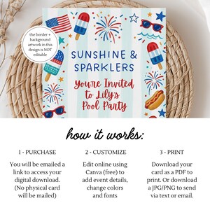 Peut inclure: Carte d'invitation rectangulaire sur le th&egrave;me d'une f&ecirc;te &agrave; la piscine estivale. La carte pr&eacute;sente le texte "SUNSHINE & SPARKLERS" et "You're Invited to Lily's Pool Party". Elle est d&eacute;cor&eacute;e d'illustrations de glaces, de feux d'artifice, de lunettes de soleil et d'un drapeau am&eacute;ricain.