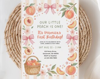 Peach First Birthday Invitation, Sweet Peach Birthday, Peaches Invitation, Girls Summer Invite, 1st Birthday Invite, (Editable Template)