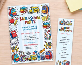 Back to School Party Invitation, School Supply Drive, Teacher Fundraiser, End of Summer Party, Classroom Party, (Editable Template)