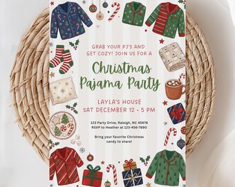 Christmas Sleepover Party Invitation, Family Pajama Party Invite, Hot Cocoa Party, Holiday Invitation, Girls Sleepover, (Editable Template)