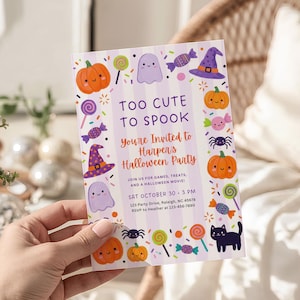 May include: A Halloween party invitation with a purple and white striped background. The invitation features cartoon pumpkins, ghosts, candy, and a black cat. Text reads "Too Cute to Spook" and invites guests to Harper's Halloween Party.