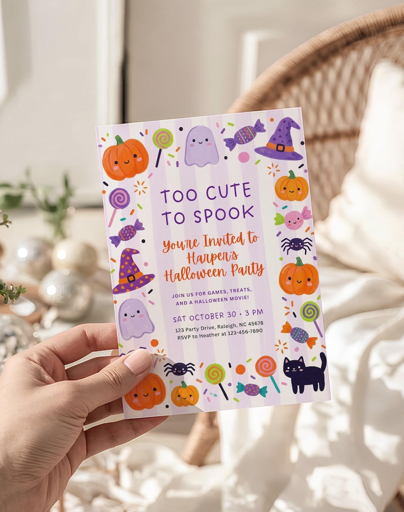 May include: A Halloween party invitation with a purple and white striped background. The invitation features cartoon pumpkins, ghosts, candy, and a black cat. Text reads "Too Cute to Spook" and invites guests to Harper's Halloween Party.