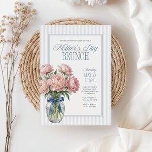 May include: An invitation for a Mother's Day Brunch, featuring a watercolour illustration of pink peonies in a glass vase with a blue ribbon. The invitation has a striped background and includes the date, time, and location.