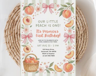 Peach First Birthday Invitation, Sweet Peach Birthday, Peaches Invitation, Girls Summer Invite, 1st Birthday Invite, (Editable Template)