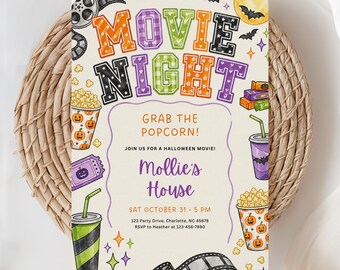 Halloween Movie Night Invite, Spooky Movie Night, Kids Halloween Movie, Movie Night Birthday, Halloween Invite, (Editable Template)