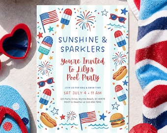 4th of July Pool Party Invitation, BBQ Party Invite, Fourth of July Party, Swim Party Invite, Kids Pool Party, (Editable Template)