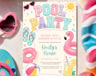 Faire-part de fin d'école à la piscine, fête d'été entre filles à la piscine, lettres d'invitation universitaire, fête de 10 ans, invitation BCBG (modèle modifiable)