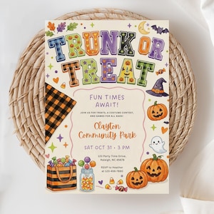 May include: A rectangular Trunk or Treat event flyer featuring colorful block letters, illustrations of pumpkins, a ghost, a witch hat, and candy. The text includes event details for Clayton Community Park on Oct 31 at 3 PM with an RSVP phone number.