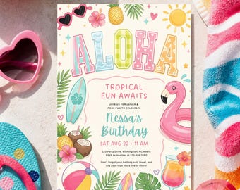 Invitation d'anniversaire Luau, Anniversaire Aloha, Invitation barbecue, Invitation pool party, Fête d'été, Fête hawaïenne, Fête tropicale (Modèle modifiable)