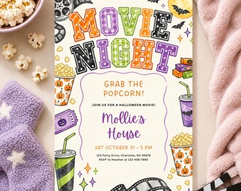 Halloween Movie Night Invite, Spooky Movie Night, Kids Halloween Movie, Movie Night Birthday, Halloween Invite, (Editable Template)