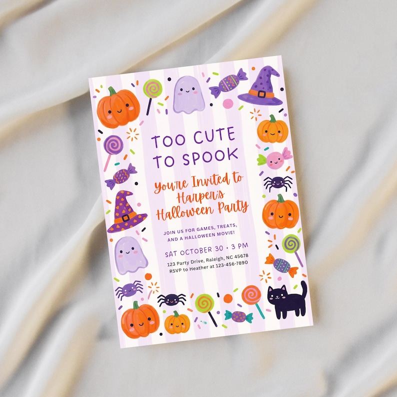 May include: A Halloween party invitation with a purple and white striped background. The invitation features cartoon pumpkins, ghosts, candy, spiders, and a black cat. Text reads "Too Cute to Spook" and party details.