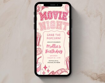 Convite rosa para festa de cinema, convite por mensagem de texto, convite para noite de cinema entre meninas, convite de aniversário com tema de cinema, aniversário para pré-adolescentes (modelo editável)