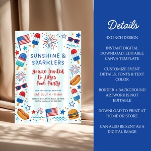 Peut inclure: Invitation de 5x7 pouces sur le th&egrave;me patriotique. Le design comprend des glaces, des feux d'artifice, des lunettes de soleil et un drapeau am&eacute;ricain. Le texte indique "Sunshine & Sparklers, You're Invited to Lily's Pool Party."