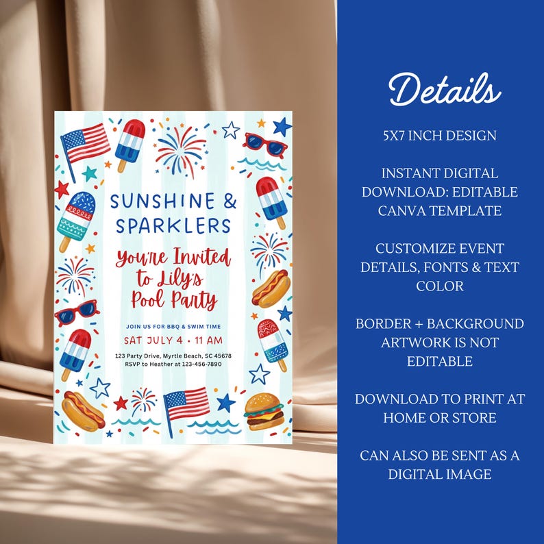 Peut inclure: Invitation de 5x7 pouces sur le th&egrave;me patriotique. Le design comprend des glaces, des feux d'artifice, des lunettes de soleil et un drapeau am&eacute;ricain. Le texte indique "Sunshine & Sparklers, You're Invited to Lily's Pool Party."