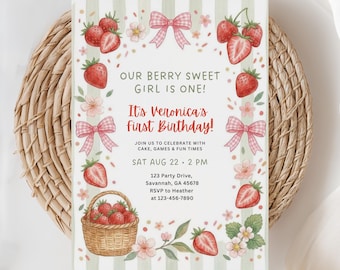 Strawberry First Birthday Invitation, Berry First Invite, Sweet One Birthday, Picnic Birthday, Girl Birthday Invite, (Editable Template)