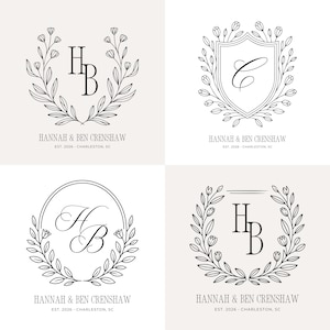 May include: Four elegant black and white wedding logo designs. Each features initials within floral wreaths or a shield, with the names "HANNAH & BEN CRENSHAW" and "EST. 2026 - CHARLESTON, SC" displayed below. Ideal for wedding stationery.