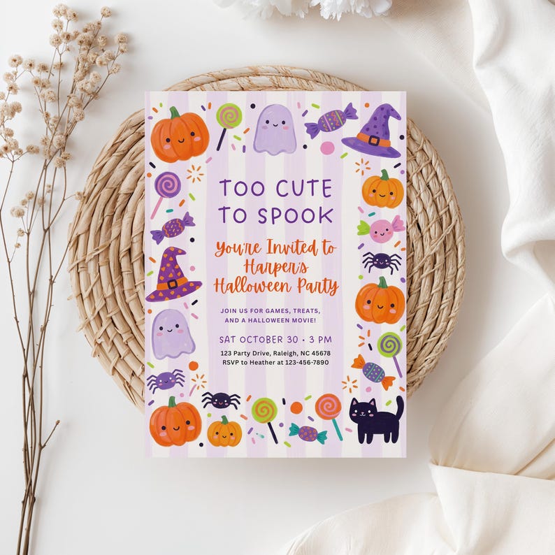 May include: A Halloween party invitation with the text "Too Cute to Spook". The invitation features orange pumpkins, purple witch hats, ghosts, spiders, and candy. The invitation is on a striped background.