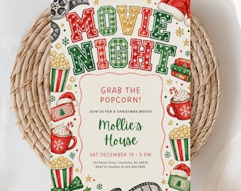 Christmas Movie Night Invitation, Kids Holiday Invite, Friendsmas Invite, Movie Night Invite, Hot Cocoa Party, (Editable Template)
