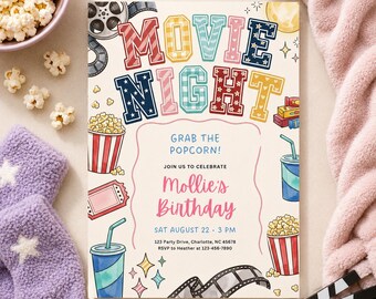 Girls Movie Night Invitation, Movie Birthday Invite, Backyard Movie Night, Movie Party Invite, Tween Birthday, (Editable Template)