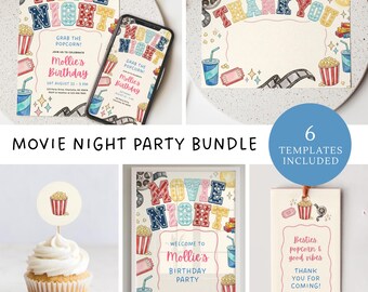 Girls Movie Night Invitation & Party Decor Bundle, Movie Birthday Invite, Movie Party Invite, Tween Birthday Bundle, (Editable Template)