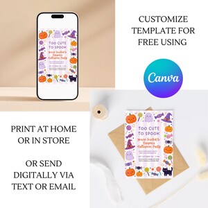 May include: A Halloween party invitation design with pumpkins, ghosts, and witch hats. The text reads "Too Cute to Spook" and "You're Invited to Harper's Halloween Party." The design is available to customize for free using Canva.
