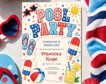 Faire-part du 4 juillet à la piscine, barbecue, fête du 4 juillet, invitation à la baignade, fête des enfants à la piscine, (modèle modifiable)