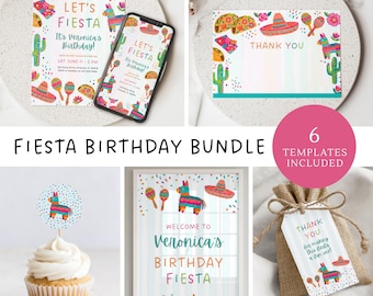 Fiesta Birthday Bundle, Kids Fiesta Invite, Mexican Fiesta Theme Party Decor Bundle, Taco Party Invite, Cinco de Mayo, (Editable Template)