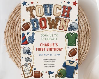 Football First Birthday Invite, Touchdown Invite, Boy 1st Birthday, Football Theme, Sports Party Invite, (Editable Template)