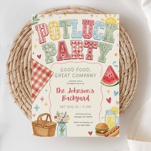 Op de afbeelding: Een rechthoekige uitnodigingskaart met de tekst POTLUCK PARTY in kleurrijke letters met patronen. Het bevat illustraties van een picknickmand, bloemen, een watermeloen, een burger, een hotdog en een limonadepot, met details over het evenement.