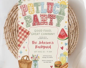 Potluck Invitation, Outdoor Lunch, Summer Potluck Party, BBQ invitation, Watermelon Party, Summer Party Invite, (Editable Template)