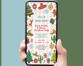 Feliz Navidad Kids Christmas Party Invitation, Text Message Invite, Southwest Christmas, Christmas Fiesta, (Editable Template)