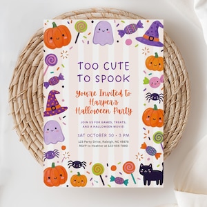 May include: A rectangular Halloween party invitation with a light pink and white striped background. The border features cartoon pumpkins, ghosts, spiders, a black cat, witch hats, and colorful candies. Text reads: TOO CUTE TO SPOOK, YOU'RE INVITED TO HARPER'S HALLOWEEN PARTY, JOIN US FOR GAMES, TREATS, AND A HALLOWEEN MOVIE! SAT OCTOBER 30 3 PM, 123 Party Drive, Raleigh, NC 45678, RSVP to Heather at 123-456-7890.
