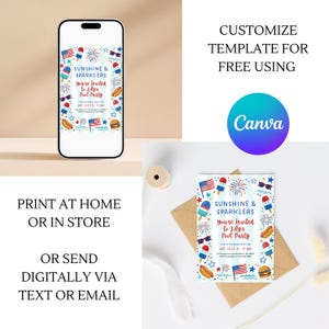 Peut inclure: Un smartphone affiche une invitation &agrave; une f&ecirc;te au bord de la piscine avec des graphismes patriotiques. L'invitation indique "Sunshine & Sparklers, You're Invited to Lily's Pool Party". Le texte comprend "Imprimez &agrave; la maison ou en magasin".