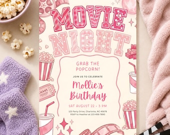 Pink Movie Party Invitation, Girls Movie Night Invitation, Movie Birthday Invite, Backyard Movie Night, Tween Birthday, (Editable Template)