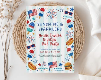 Faire-part du 4 juillet à la piscine, barbecue, fête du 4 juillet, invitation à la baignade, fête des enfants à la piscine, (modèle modifiable)