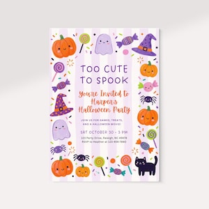 May include: Halloween party invitation with a purple and white striped background. The invitation features orange pumpkins, ghosts, spiders, candy, and a witch's hat. Text reads "Too Cute to Spook" and invites guests to Harper's Halloween Party.