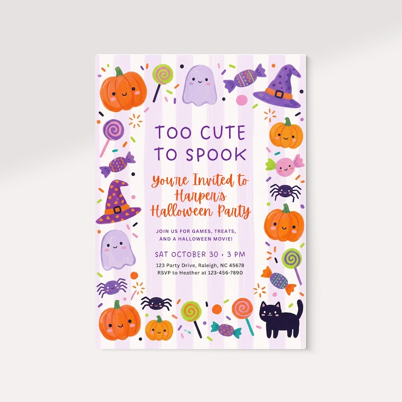 May include: Halloween party invitation with a purple and white striped background. The invitation features orange pumpkins, ghosts, spiders, candy, and a witch's hat. Text reads "Too Cute to Spook" and invites guests to Harper's Halloween Party.