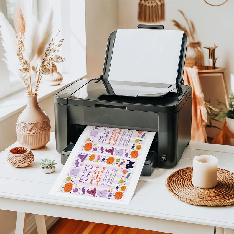 May include: A black printer printing a Halloween party invitation. The invitation has a purple background with orange pumpkins, purple witch hats, and ghosts. The text on the invitation reads "Too Cute to Spook". The printer is on a white table.