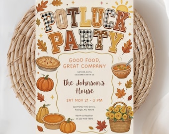 Fall Potluck Invitation, Thanksgiving Potluck, Bonfire Invite Fall, Potluck Party, Fall Dinner Party, BBQ Party, (Editable Template)
